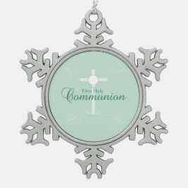 Eerste Heilige Communie, tekst in zachte groene kl Tin Sneeuwvlok Ornament