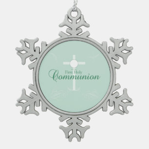 Eerste Heilige Communie, tekst in zachte groene kl Tin Sneeuwvlok Ornament