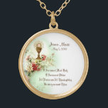 Eerste Heilige Communie Traditionele Katholieke Fl Goud Vergulden Ketting<br><div class="desc">Dit is een prachtig traditioneel katholiek vintage-beeld van de Heilige Gastheer (Communion) boven het ijs met bronbloemen. Tekst en lettertypen kunnen worden gewijzigd. We bieden ook aanpasbare uitnodigingen, kaarten, gunsten, stickers, enz. van de Gemeenschap aan met dit ontwerp. Bezoek de Shower of Rozen Shoppe op Zazzle en blader door ons...</div>