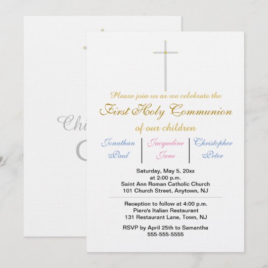 Eerste Heilige Communie Tripletten Goud Blauw Roze Kaart (Voorkant / Achterkant)