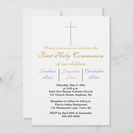 Eerste Heilige Communie Tripletten Goud Blauw Roze Kaart (Voorkant)