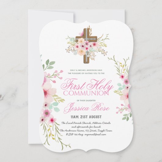 Eerste Heilige Communie Uitnodiging Bloemen Kruis (Voorkant)