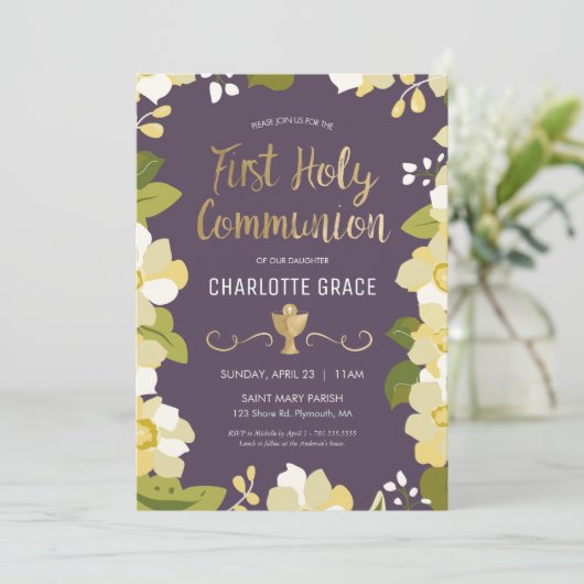 Eerste Heilige Communie Uitnodiging, Bloemen w / K Kaart (Staand voorkant)