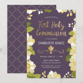 Eerste Heilige Communie Uitnodiging, Bloemen w / K Kaart (Voorkant / Achterkant)