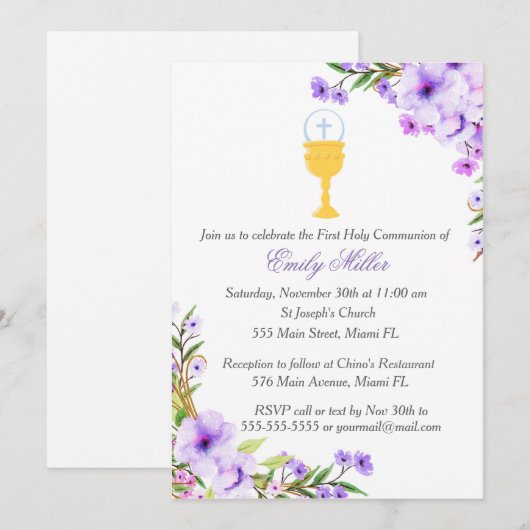 Eerste Heilige Communie Uitnodiging Bloemenlavende (Voorkant / Achterkant)