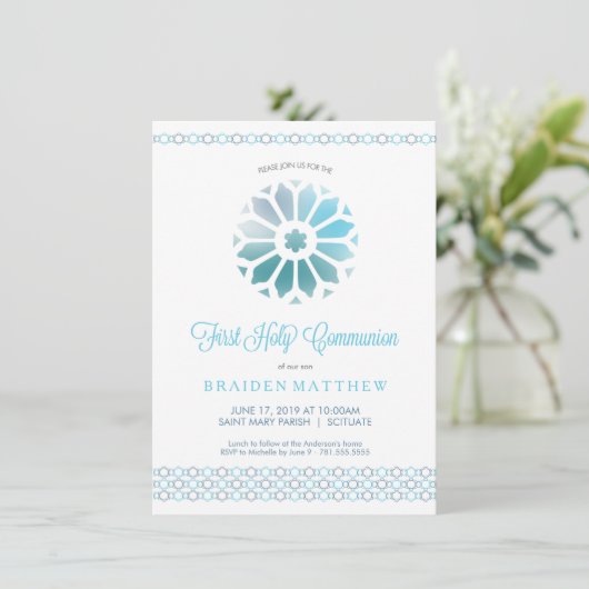 Eerste Heilige Communie Uitnodiging Jongens Trendy (Staand voorkant)
