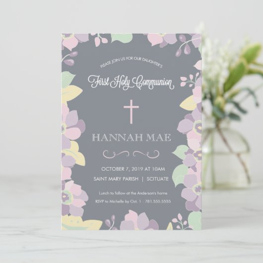 Eerste Heilige Communie Uitnodiging Kaart met krui (Staand voorkant)