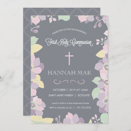 Eerste Heilige Communie Uitnodiging Kaart met krui (Voorkant / Achterkant)