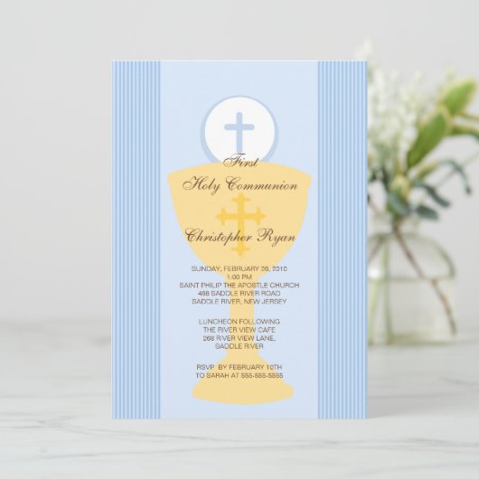 Eerste Heilige Communie Uitnodiging Kelk Jongen Bl (Staand voorkant)