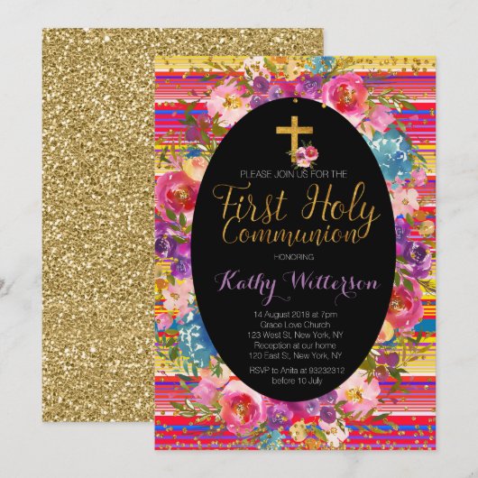 Eerste Heilige Communie Uitnodiging Kleurrijke Fie (Voorkant / Achterkant)