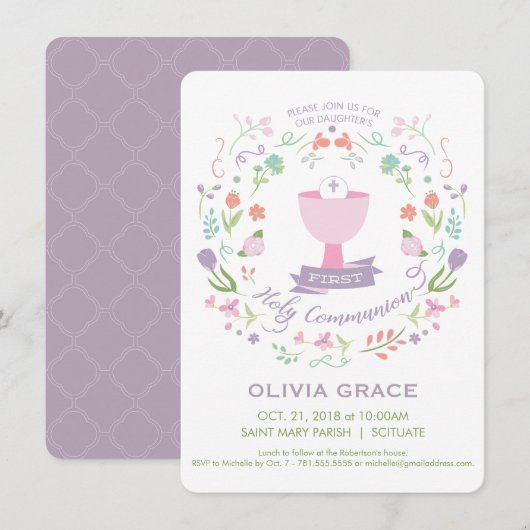 Eerste Heilige Communie Uitnodiging, Meisje Uitnod Kaart (Voorkant / Achterkant)