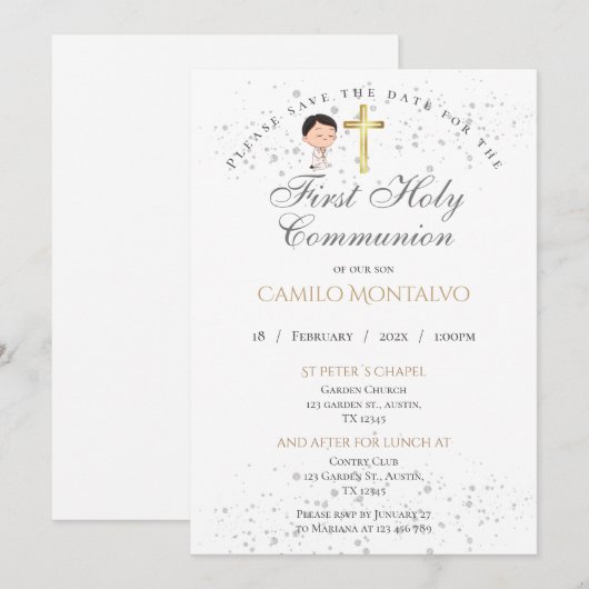 Eerste Heilige Communie Uitnodiging voor jongen (Voorkant / Achterkant)