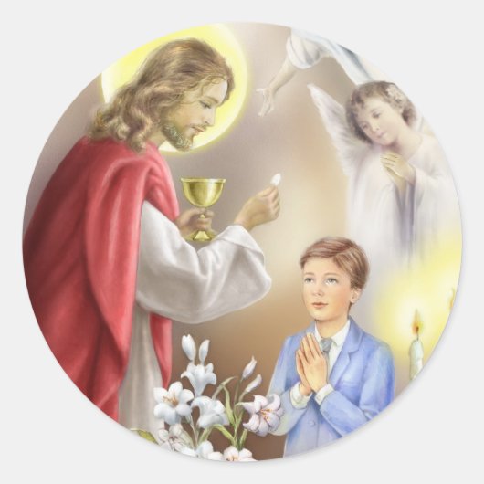 Eerste Heilige Communie Uitnodiging voor jongens Ronde Sticker (Voorkant)