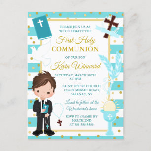 Eerste Heilige Communie van bruine jongen met blau Briefkaart