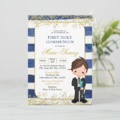Eerste Heilige Communie van Navy Blue en Gold Boy Kaart (Staand voorkant)