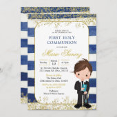 Eerste Heilige Communie van Navy Blue en Gold Boy Kaart (Voorkant / Achterkant)