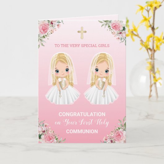 Eerste Heilige Communie voor Little Twin-uitgavenk Kaart (Gele Bloem)