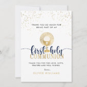 Eerste Heilige Communie voor Navy & Gold Boy Bedankkaart (Voorkant)