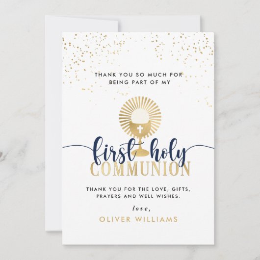 Eerste Heilige Communie voor Navy & Gold Boy Bedankkaart (Voorkant)