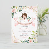 Eerste Heilige Communie voor Roze en Gouden Floral Kaart (Staand voorkant)