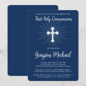 Eerste Heilige Communie voor Zoon Navy Blue Cross Kaart (Voorkant / Achterkant)