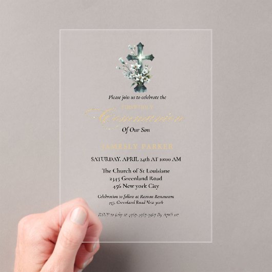 Eerste Heilige Communie waterverf Bloemenkruis Acryl Uitnodigingen (Insitu (Draagbaar))