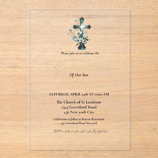 Eerste Heilige Communie waterverf Bloemenkruis Acryl Uitnodigingen (Voorkant)