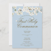 Eerste Heilige Communie White Blossom Floral Blue Save The Date (Voorkant)