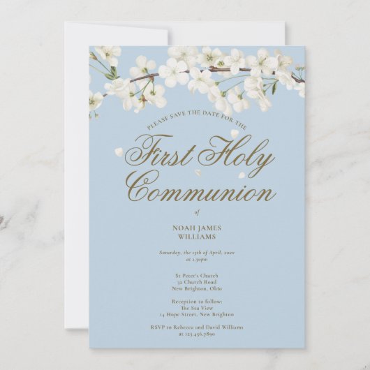 Eerste Heilige Communie White Blossom Floral Blue Save The Date (Voorkant)