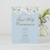 Eerste Heilige Communie White Blossom Floral Blue Save The Date (Staand voorkant)