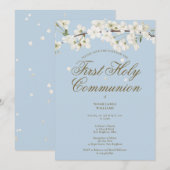 Eerste Heilige Communie White Blossom Floral Blue Save The Date (Voorkant / Achterkant)
