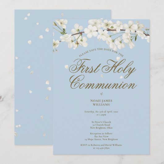 Eerste Heilige Communie White Blossom Floral Blue Save The Date (Voorkant / Achterkant)