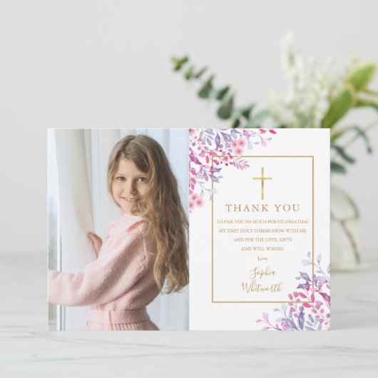Eerste Heilige Communie Wilde Bloemen Bloem Foto Bedankkaart (Staand voorkant)