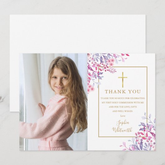 Eerste Heilige Communie Wilde Bloemen Bloem Foto Bedankkaart (Voorkant / Achterkant)