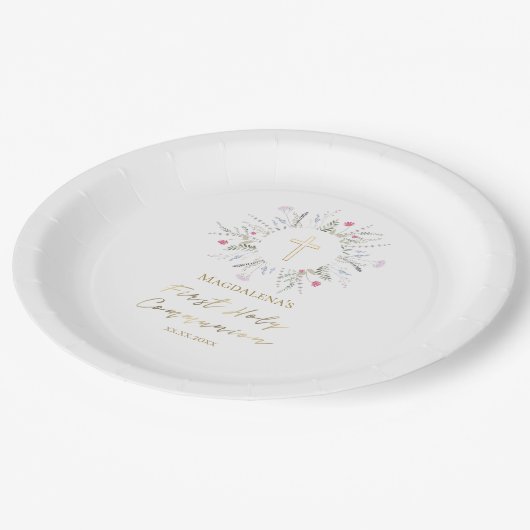 Eerste Heilige Communie wilde bloemen lijst Papieren Bordje (Gekanteld)