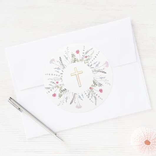 Eerste Heilige Communie wilde bloemen lijst Ronde Sticker (Envelop)