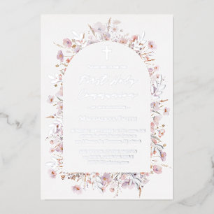Eerste Heilige Communie wilde bloemen zilver Folie Uitnodiging