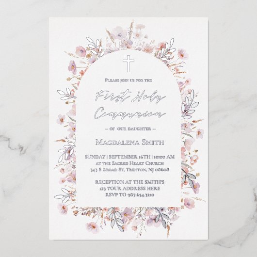 Eerste Heilige Communie wilde bloemen zilver Folie Uitnodiging (Voorkant)