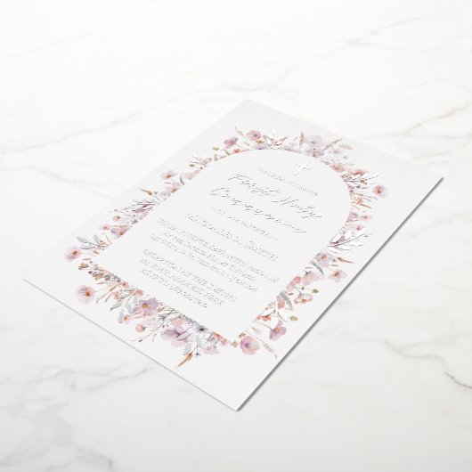 Eerste Heilige Communie wilde bloemen zilver Folie Uitnodiging (Gedraaid)