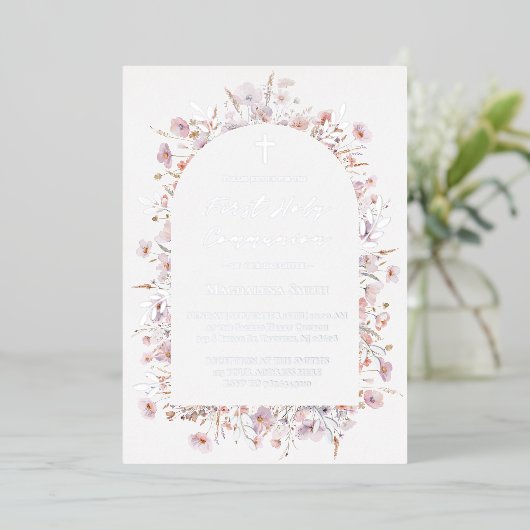 Eerste Heilige Communie wilde bloemen zilver Folie Uitnodiging (Staand Voorkant)