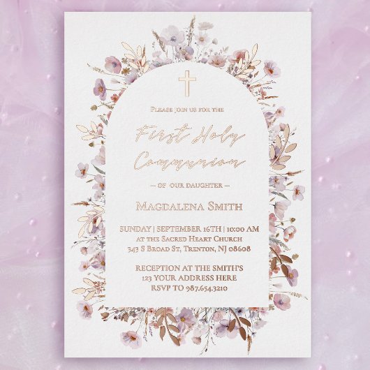Eerste Heilige Communie wilde bloemen zilver Folie Uitnodiging