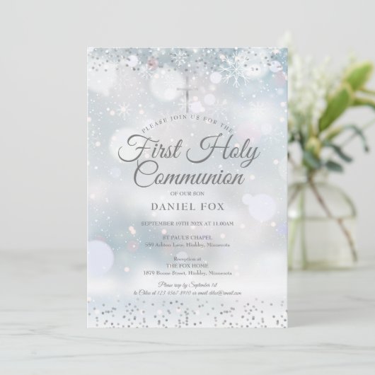 Eerste Heilige Communie Winter Zilveren Confetti Kaart (Staand voorkant)