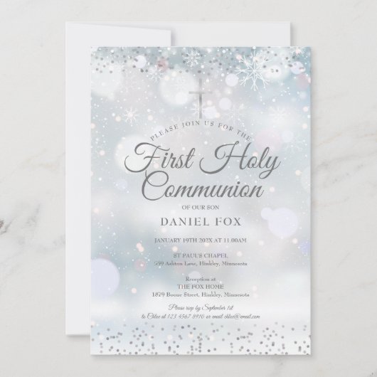 Eerste Heilige Communie Winter Zilveren Confetti U Kaart (Voorkant)