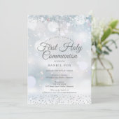 Eerste Heilige Communie Winter Zilveren Confetti U Kaart (Staand voorkant)