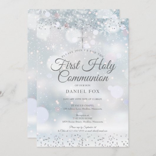 Eerste Heilige Communie Winter Zilveren Confetti U Kaart (Voorkant / Achterkant)