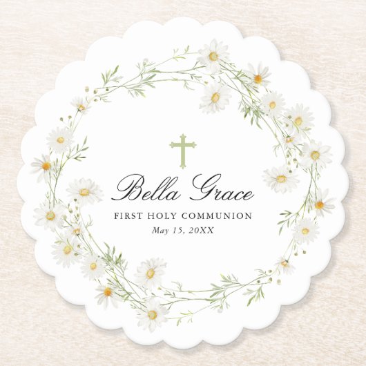Eerste Heilige Communie Witte Daisy Bloemen Custom Kartonnen Onderzetters (Voorkant)