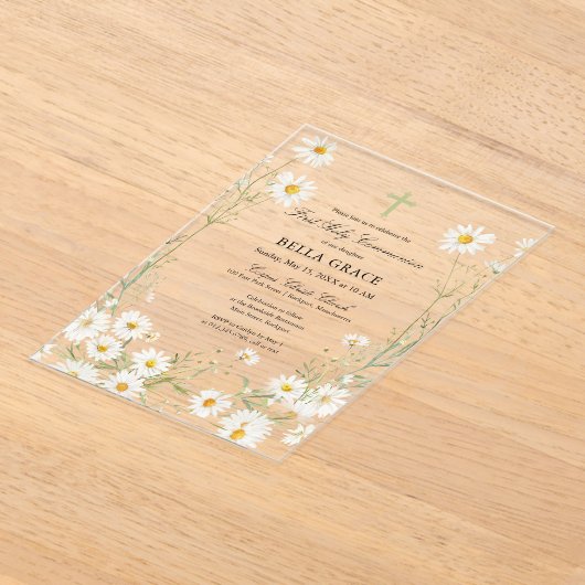 Eerste Heilige Communie Witte Madelief Bloemen Acryl Uitnodigingen (Laagn)