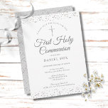 Eerste Heilige Communie Zilver Stardust Save The Date<br><div class="desc">Een elegante Eerste Heilige Communie bespaart de date-uitnodiging met delicaat zilver zetmeel. Je kunt je personaliseren met je speciale viering details in de tekst van de kic Silver. Ontworpen door: Thisnotme©</div>