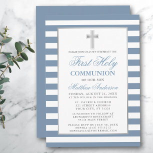 Eerste Heilige Communie Zilver Stoffig Blauw Gestr Kaart