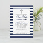Eerste Heilige Communie Zilveren Blauw Gestreept Kaart (Staand voorkant)